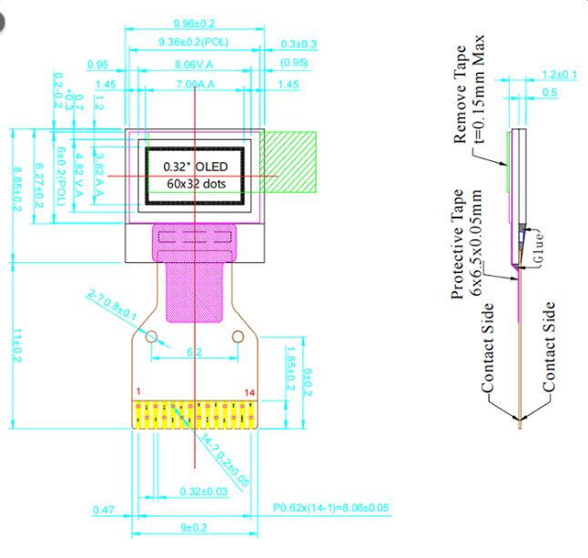 কাস্টম আকৃতির OLED ডিসপ্লে I2C সাদা 0.32 ইঞ্চি OLED ডিসপ্লে প্যানেল 60x32 পিক্সেল ক্ষুদ্রতম 0.32