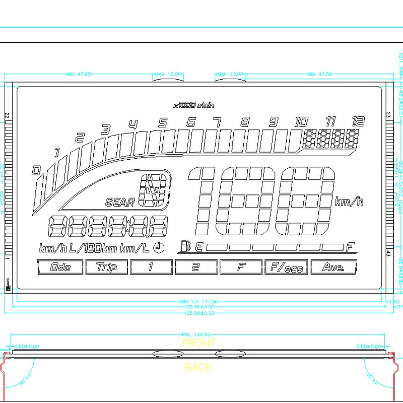 কাস্টম HTN LCD ব্লু স্ক্রীন 7 সেগমেন্ট LCD ডিসপ্লে HTN নেগেটিভ সেগমেন্ট LCD প্যানেল স্পিডোমিটারের জন্য